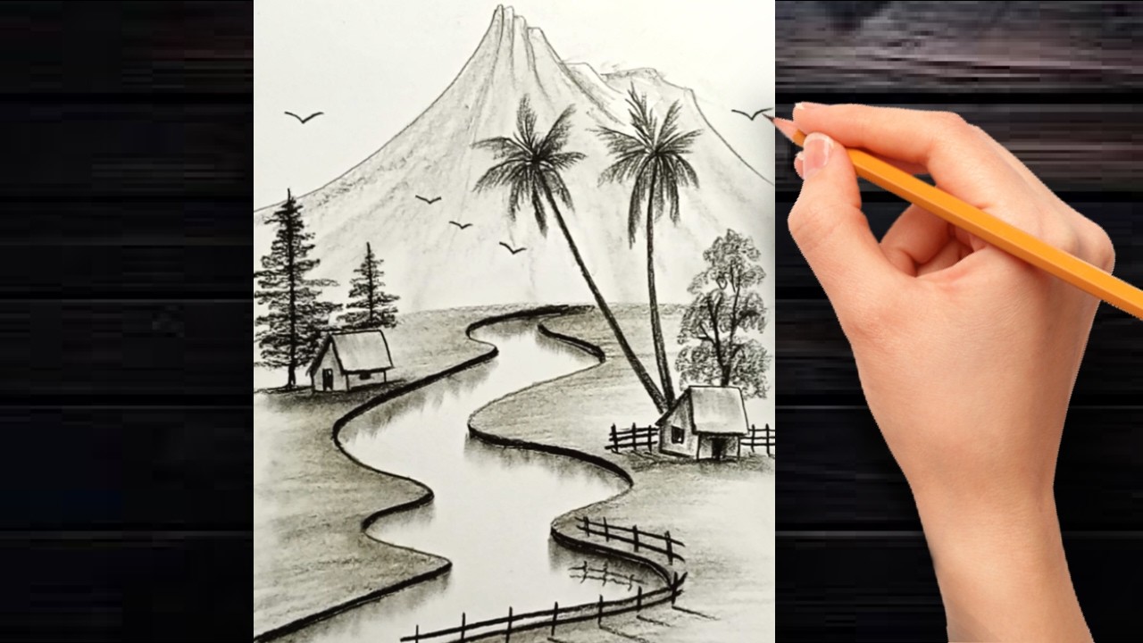 Easy Mountain Landscape Drawing with Pencil | River & Village