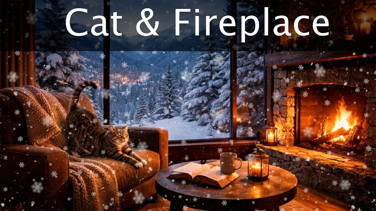 Cozy Mountain Cabin Evening | Fireplace, Stretching Cat & Snowy Window Ambience