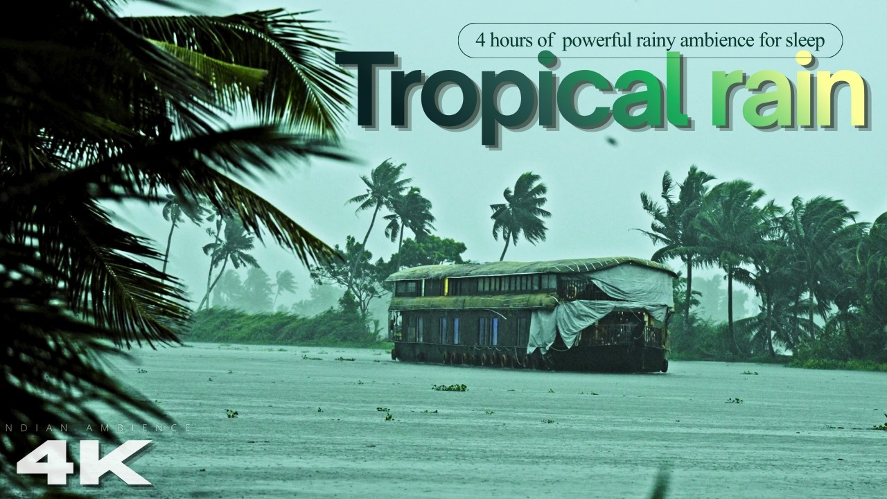 4 Hours of Heavy Tropical Rain & Thunderstorm in Kerala Backwaters 🌧️⛈️ | 4K ASMR for Deep Sleep