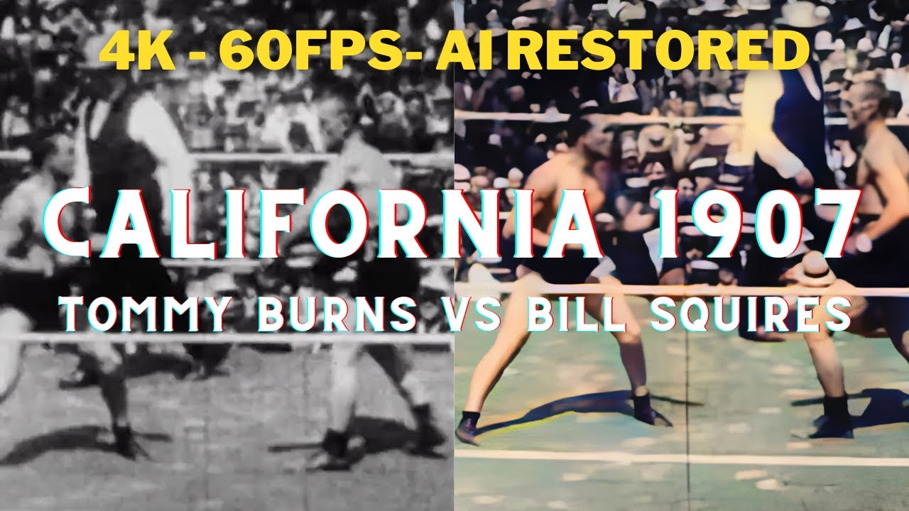[60fps, 4k, color] Tommy Burns vs Bill Squires | California, July 4, 1907 | Ai Restored |
