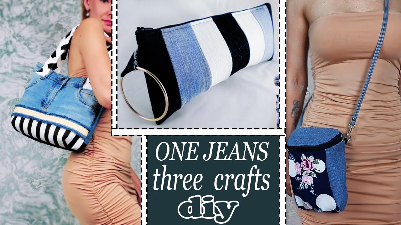 3 GIRL CRAFTS DIY BAGS FROM OLD JEANS YOU CAN SEW IN 15 MIN