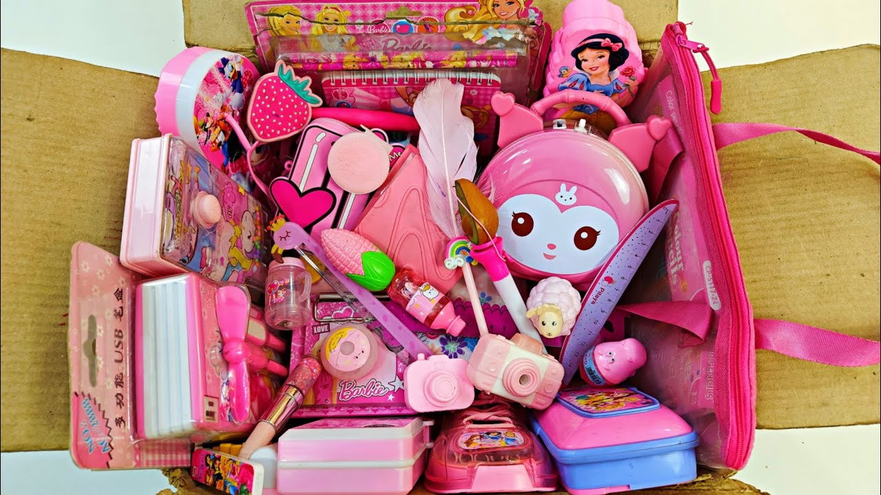 unboxing pink stationery collection, princess pencil box, lipstick pen, school supplies, pink toy