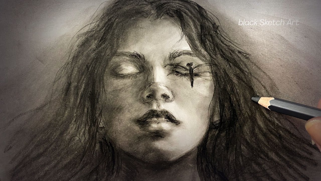 Charcoal Face Sketch | Sleeping Girl in Soft Shadow