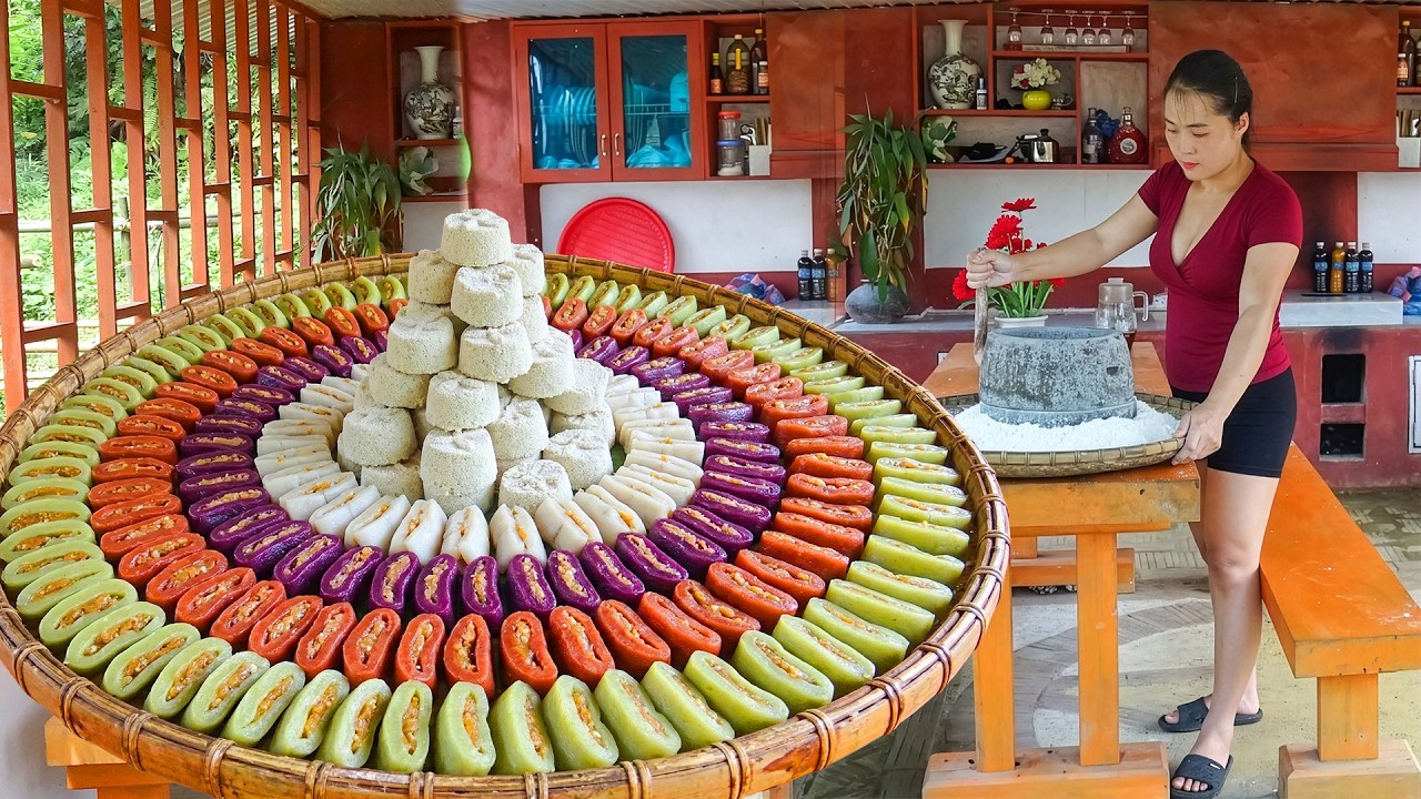 The Process of Making Colorful Handmade Cakes from Glutinous Rice, Bring Cakes Go To Sell