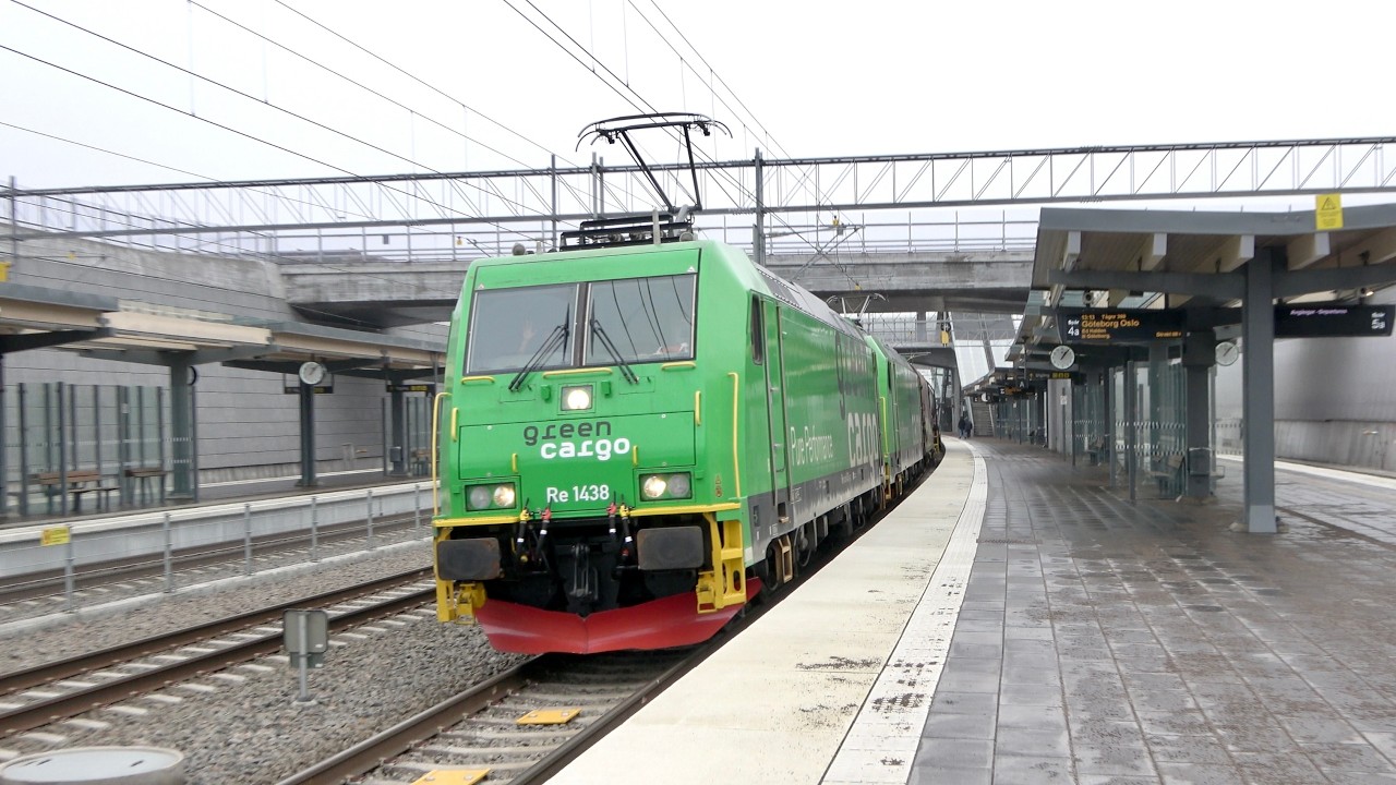 Rerouted trains at Varberg station, Sweden - foggy evening