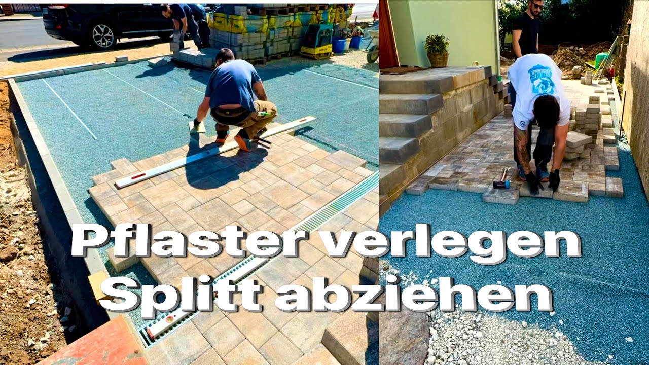 Hofeinfahrt und Gehwege pflastern, Splitt einbauen und abziehen, Rabatten setzen, Wilder Verband
