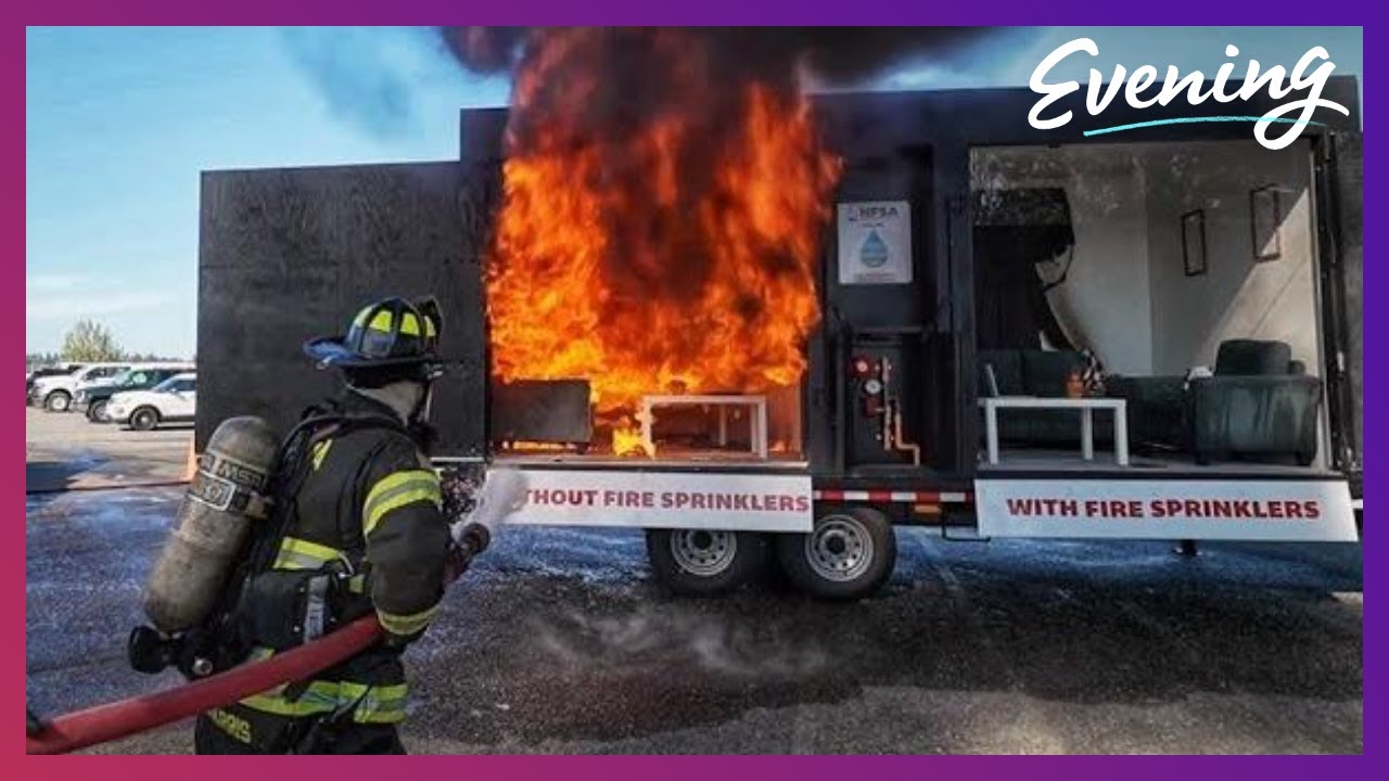 Side-by-side burn demonstration shows how sprinklers save property, lives