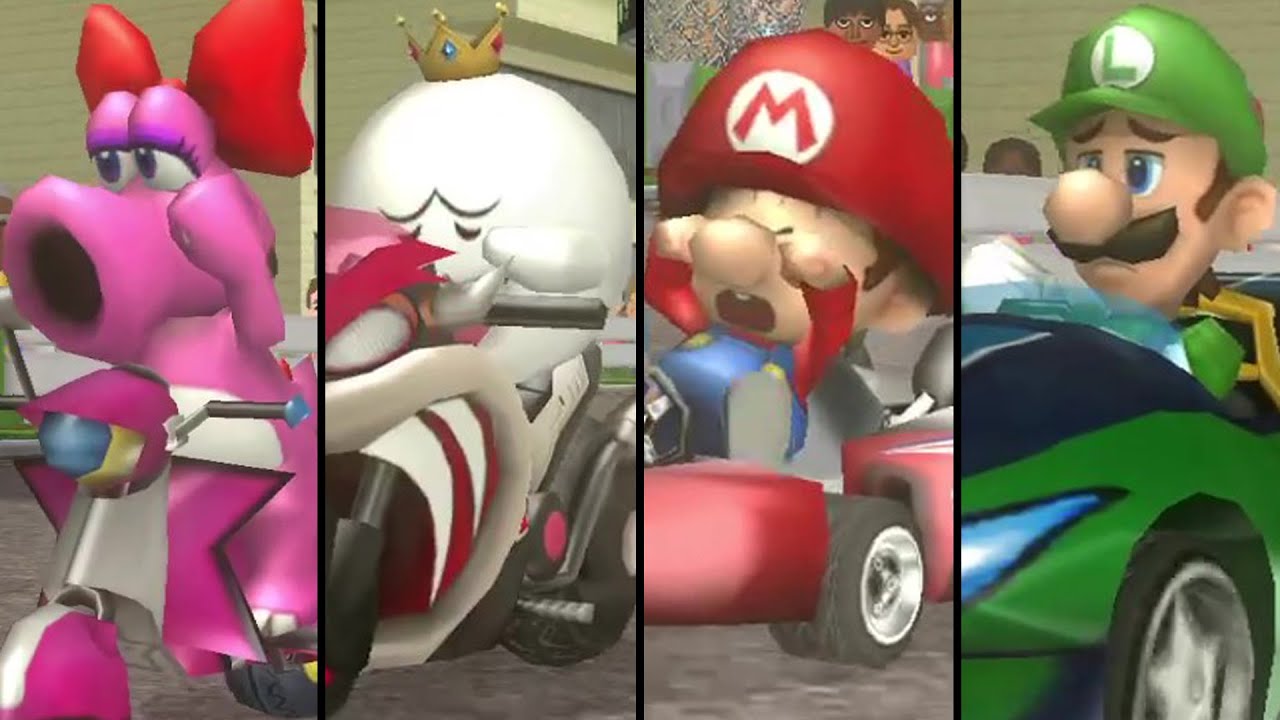 Mario Kart Wii - All Characters Losing Animations (Luigi Circuit)