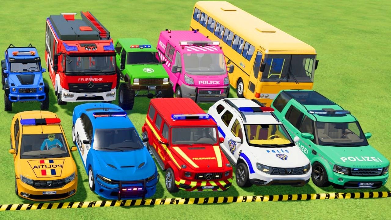 TRANSPORTING POLICE CARS, AMBULANCE, FIRE TRUCK, COLORFUL CARS WITH TRAIN -FARMING SIMULATOR 22!
