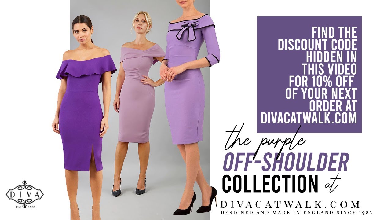Off-Shoulder Purple Dresses: Lilac Pencil Dresses, Lilac Bardot Dress, Purple Off-Shoulder Dresses.