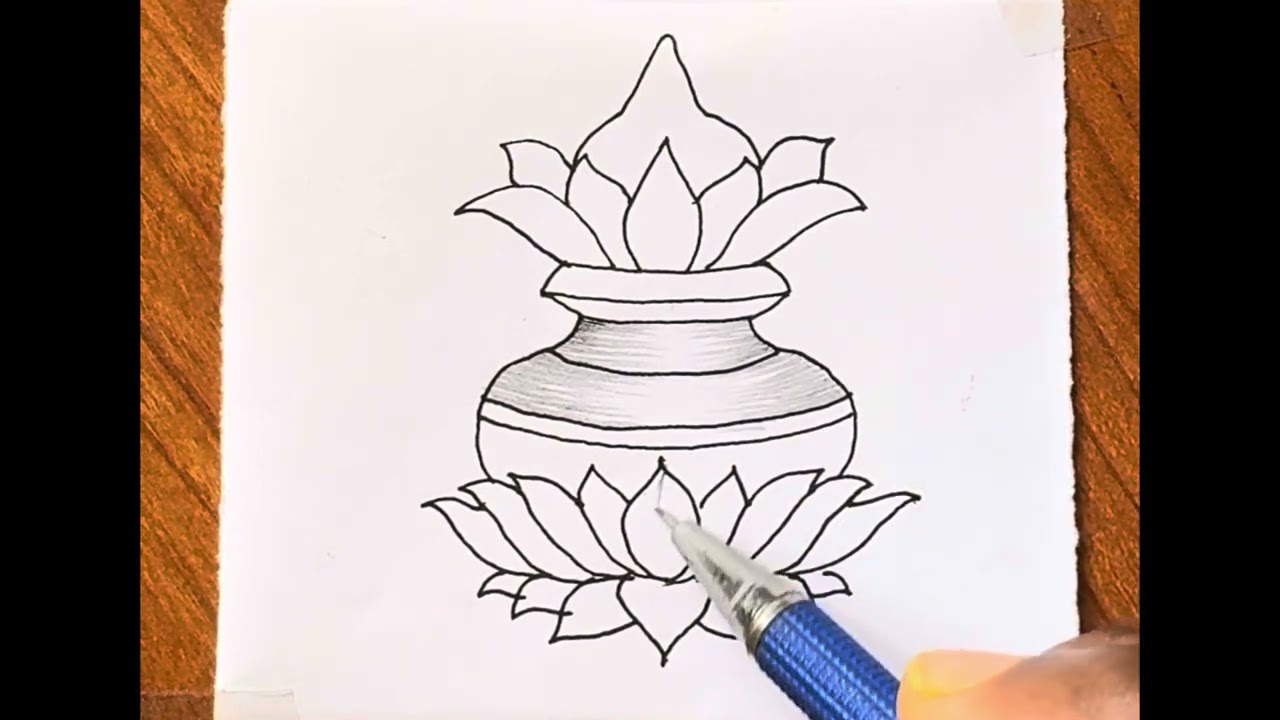 Easy Kalash with Lotus Drawing I Simple Pencil Shading Art | IndianTraditional Drawing Tutorial