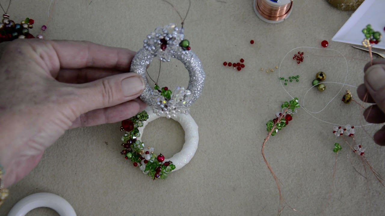 DIY tutorial , easy , mini Christmas wreath from old curtain ring  with ribbon beads and wire .