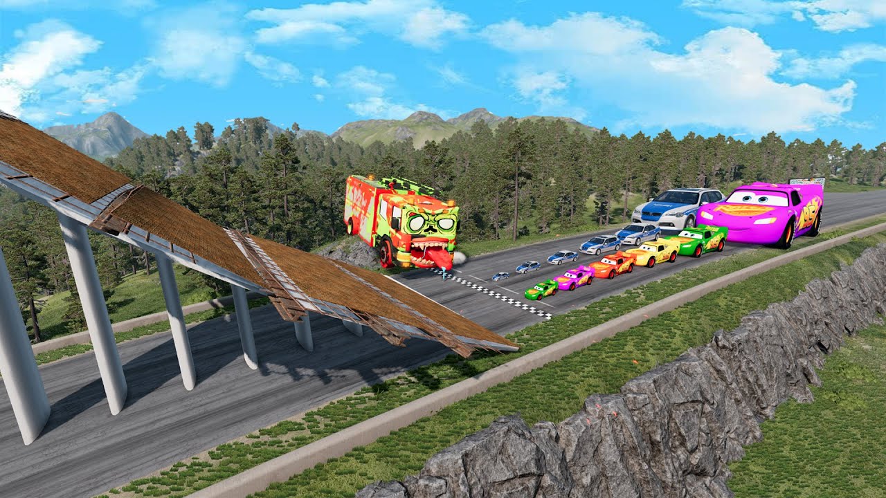 Big & Small Lightning McQueen & Police Car vs Zombie Mack vs Giant Ramp Downhill Race – BeamNG.Drive