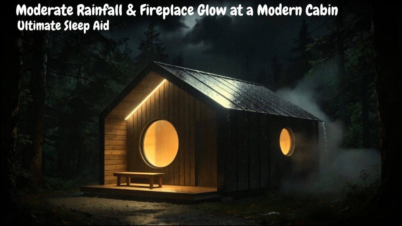 Moderate Rainfall & Fireplace Glow at a Modern Cabin – Ultimate Sleep Aid