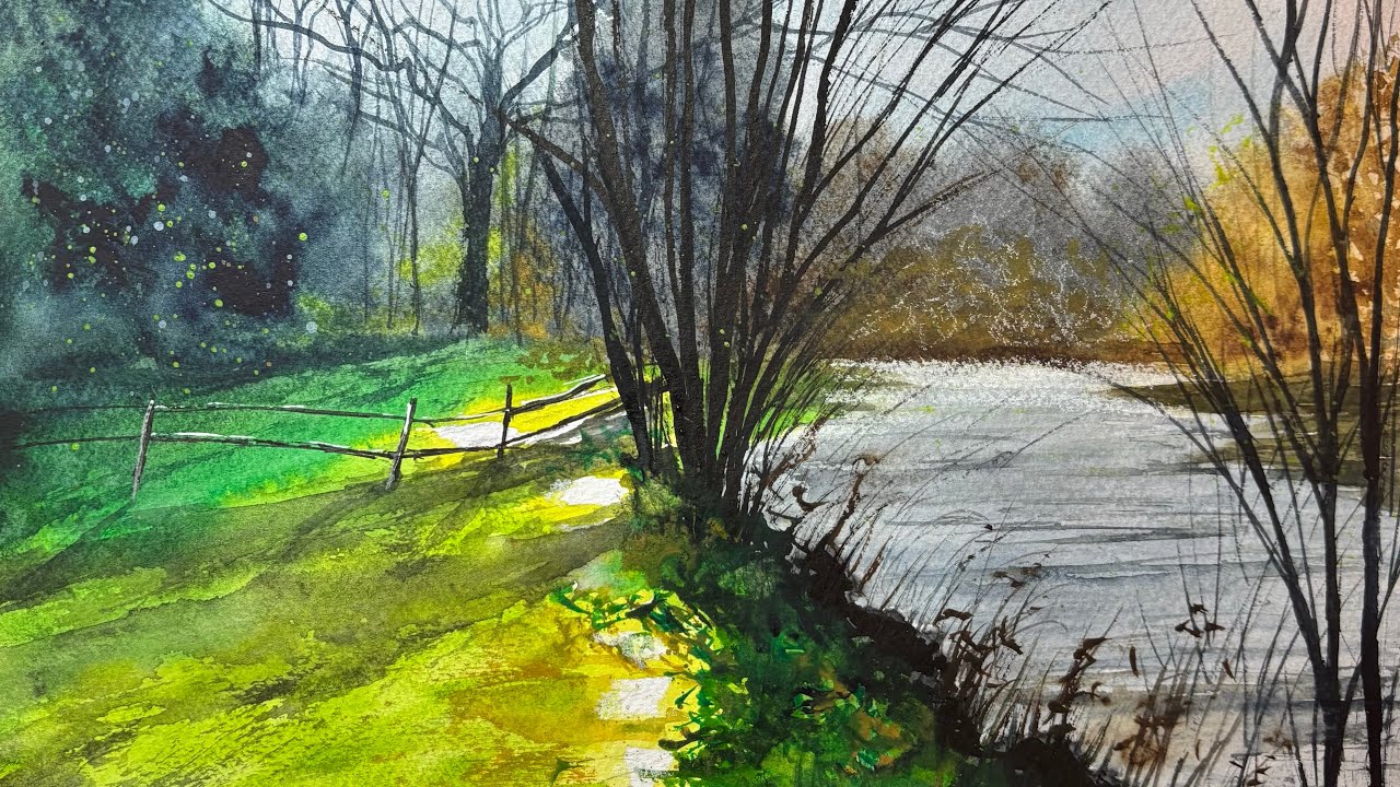 Step by Step Watercolor Landscape Painting | River and Sunlight Tutorial