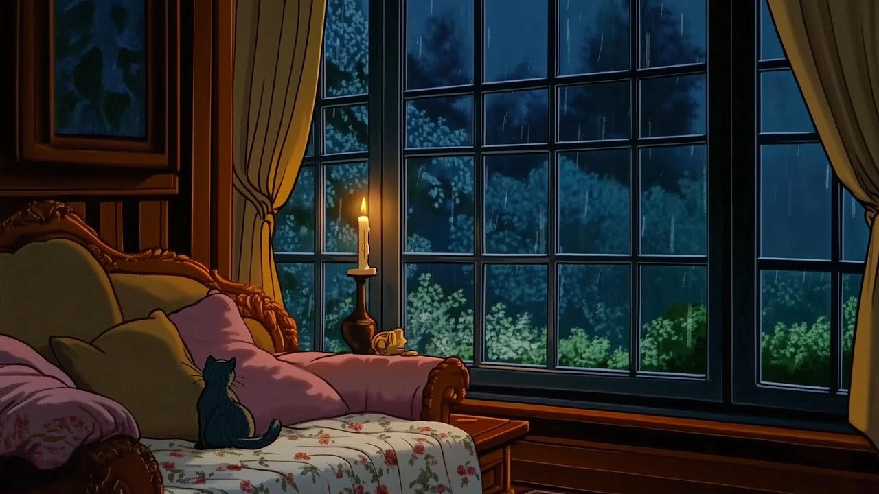 cozy rain on window with oldies playing in another room