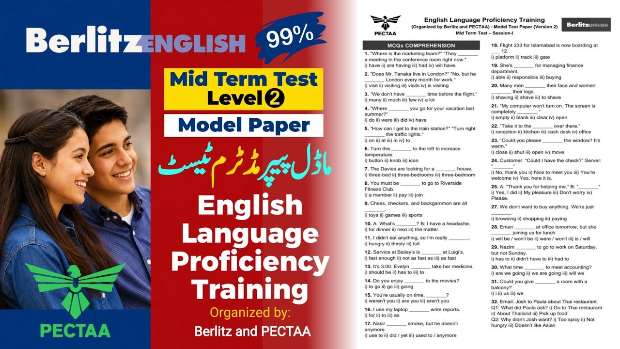 English Language Proficiency Training | Level 2 Mid Term Test | Model Paper | Berlitz and PECTAA