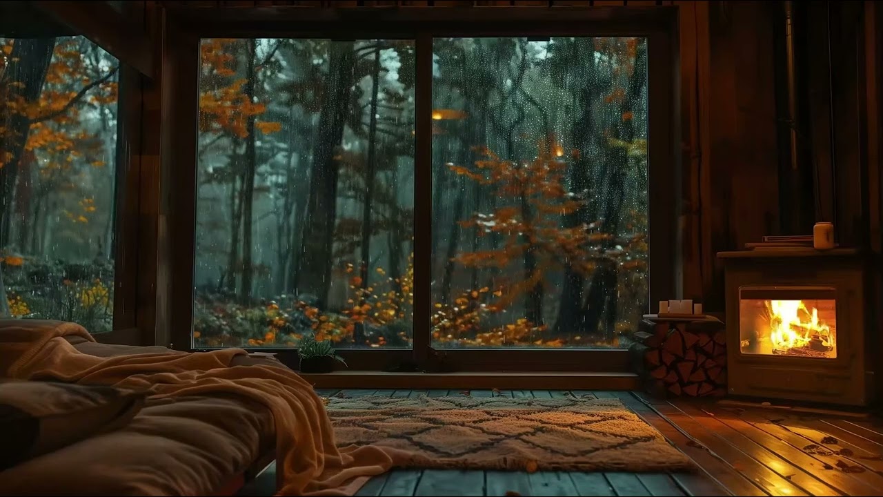 Cozy Autumn Rainy Day 🍂🔥 Fireplace Ambience from Bed for Relaxation
