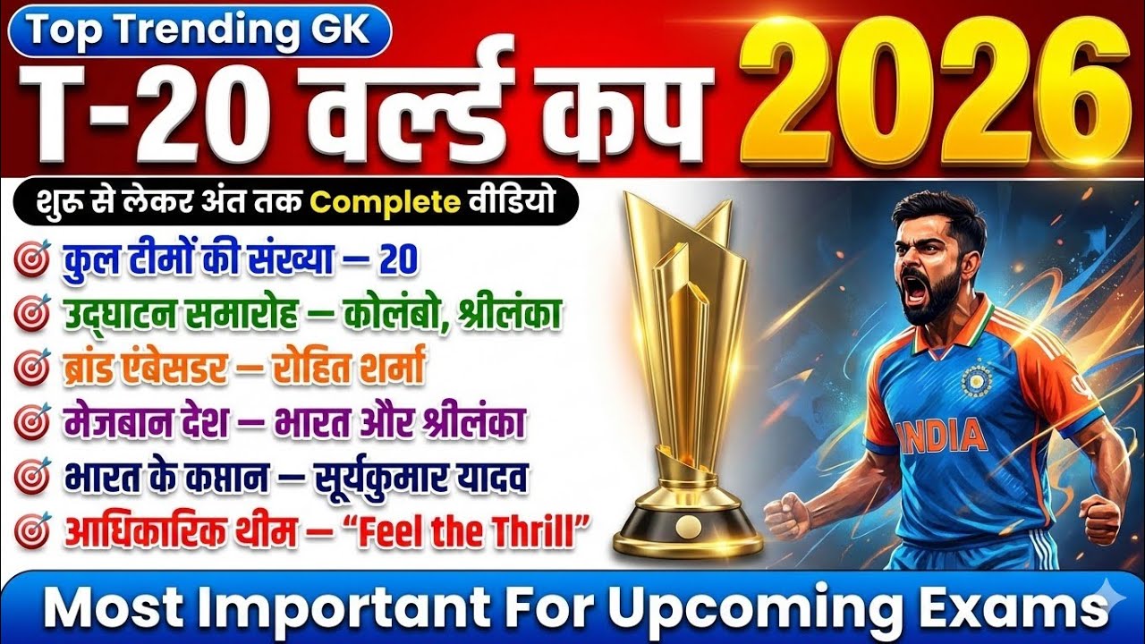 T20 World Cup 2026 GK | T-20 वर्ल्ड कप 2026 से जुड़े 20 सबसे महत्वपूर्ण प्रश्न | Exam Special
