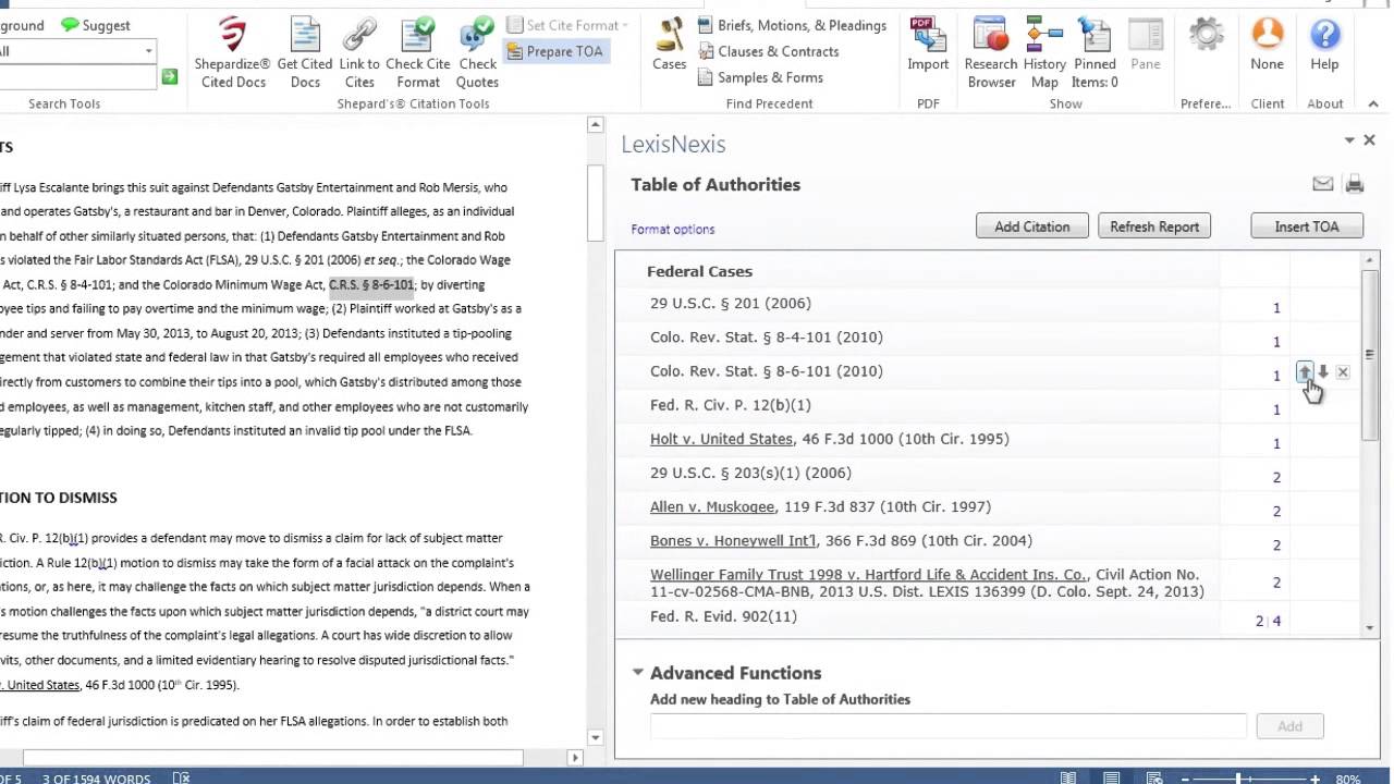 Lexis® for Microsoft Office® - Dynamically Create a Table of Authorities