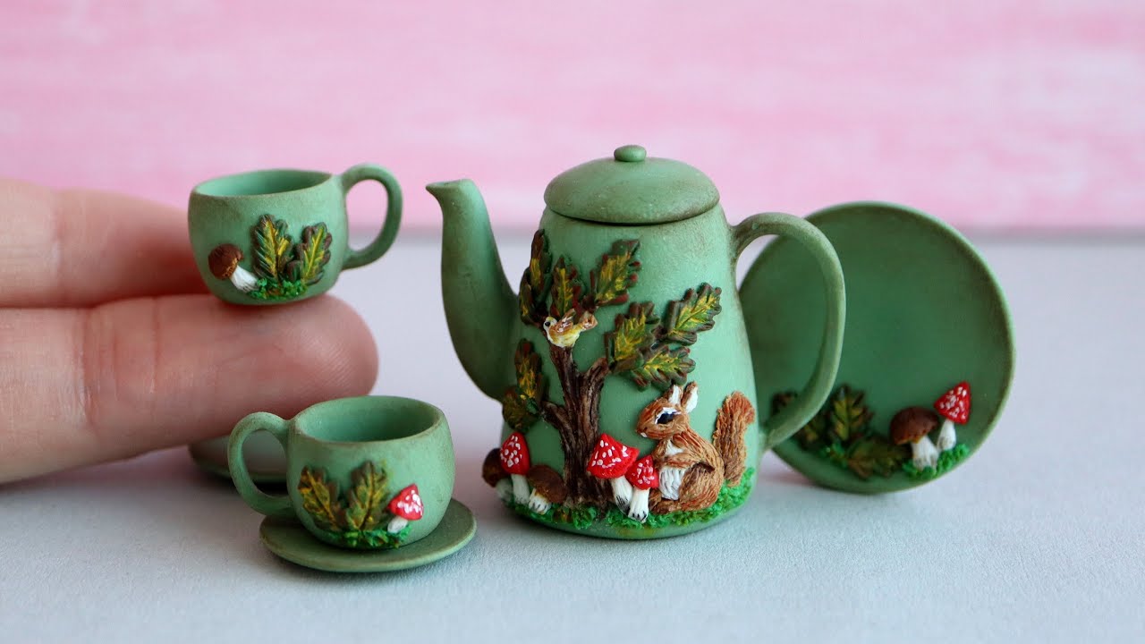 Miniature teapot and cups💚Polymer clay