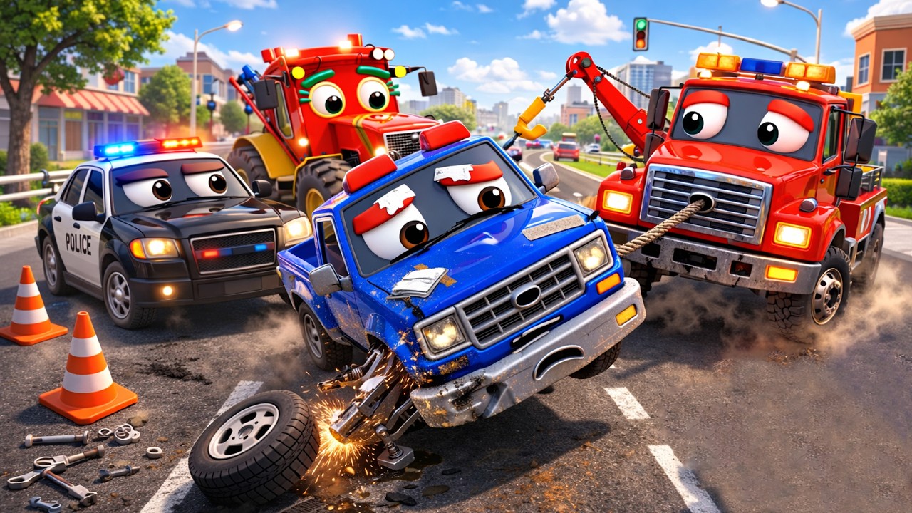 Police & Tow Truck Emergency! 🚓🚨 | Can They Save the Crashed Pickup? | Vehicles Animation