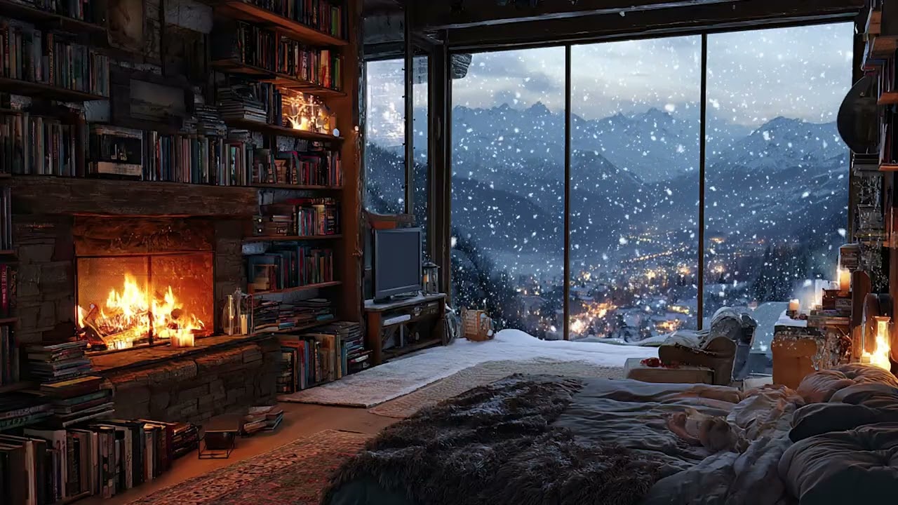 Warm Cabin Night in Falling Snow | Firelight Within, Snow Drifting Outside for Deep Sleep and Relax