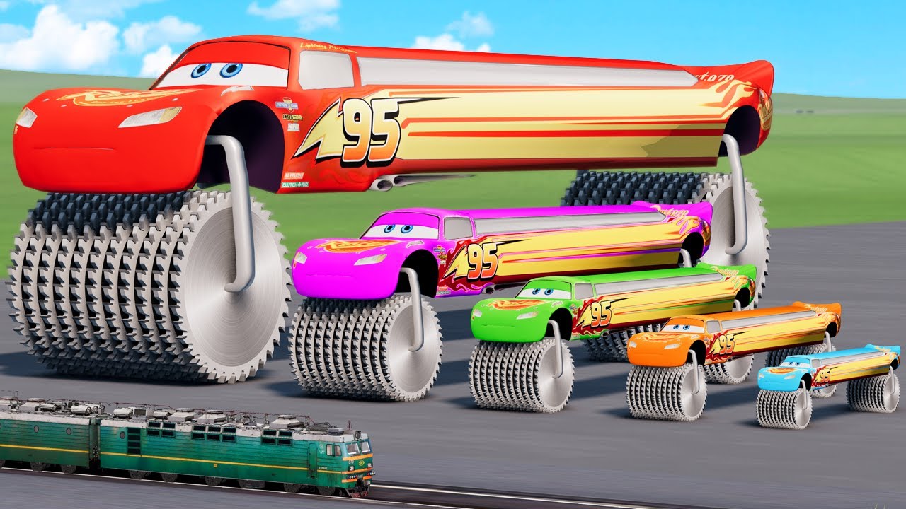 Big & Small Colors Lightning McQueen on WIDE Saw Wheels vs Trains | BeamNG.Drive