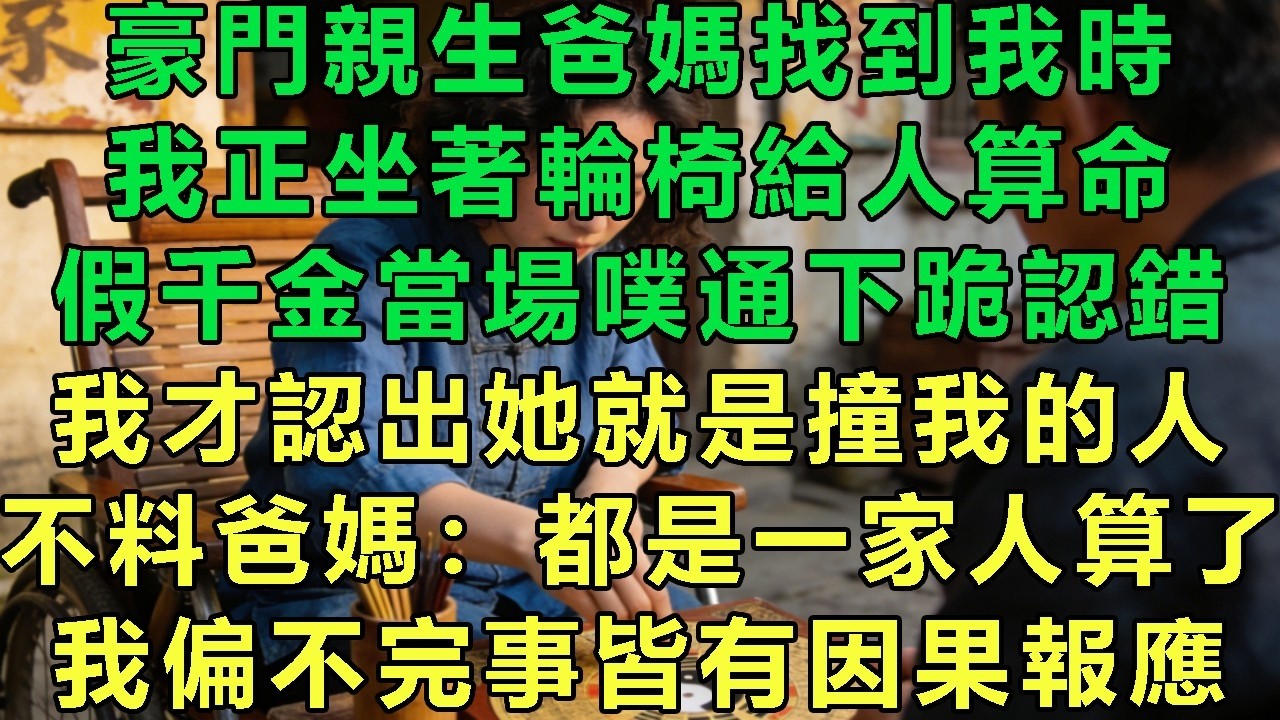 豪門親生爸媽找到我時，我正坐著輪椅給人算命，假千金當場噗通下跪認錯，我才認出她就是撞我的人，不料爸媽：都是一家人算了，我偏不完事皆有因果報應#故事 #靈異故事 #情感故事 #玄學