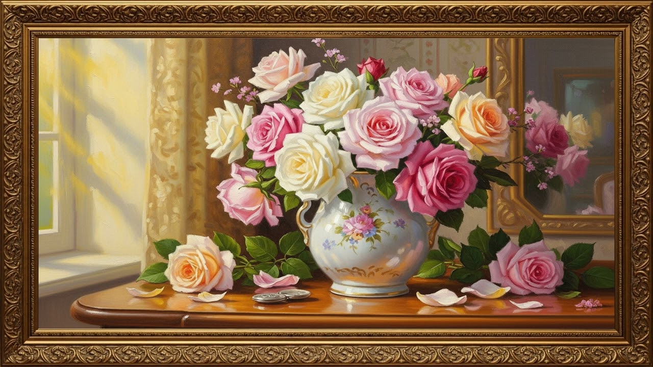 Calm Floral Still-Life Artwork | Romantic Rose Painting Display