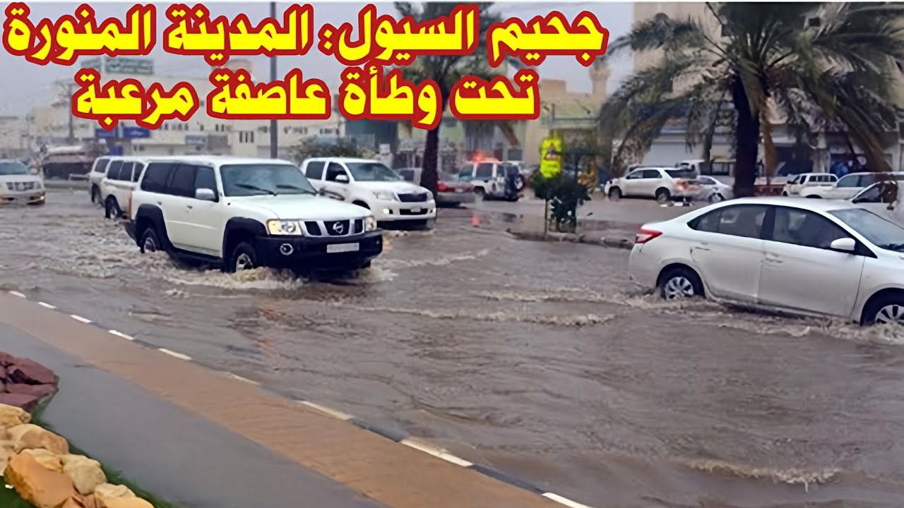 عاصفة الرعب: سيول وأمطار غزيرة تجتاح المدينة المنورة مهد الذهب! 🇸🇦