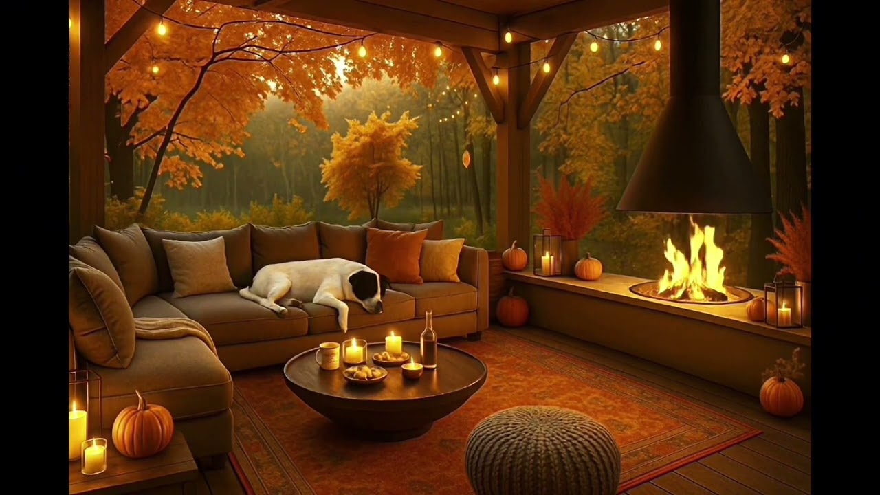 Cozy Fall Cabin Ambience | Rain, Crackling Fireplace & Sleeping Dog with Autumn Lofi Beats 🍁🔥🐾