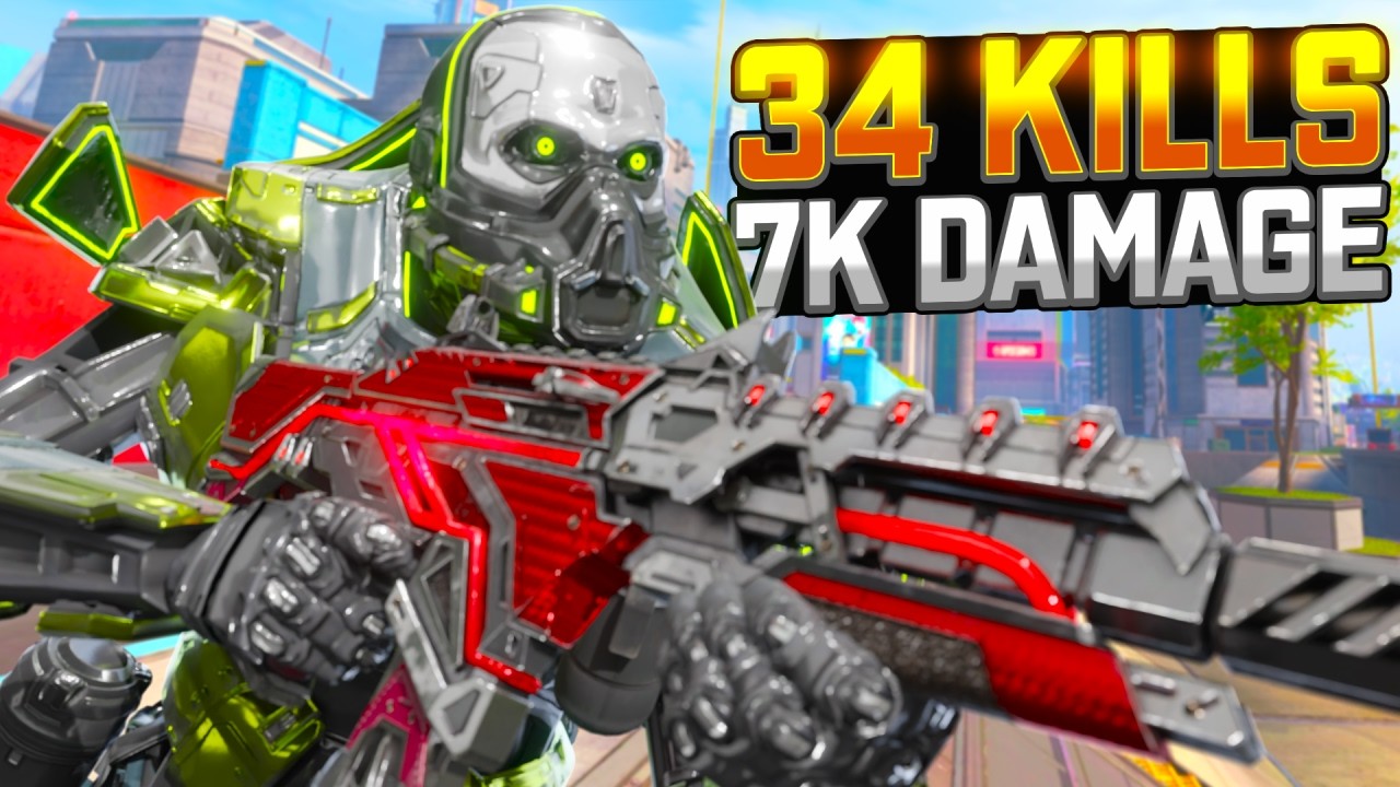 Безумный Каустик: 34 убийства и 7000 урона в Apex Legends.