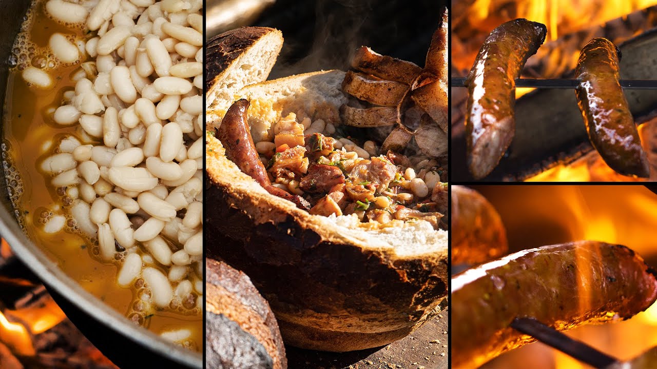 [4K] 🇷🇴 🍲 BEAN STEW + PORK KNUCKLE + BACON ACCORDION IN BREAD @CAULDRON W/ TRIPOD & FIREPIT 🎧👂[ASMR]