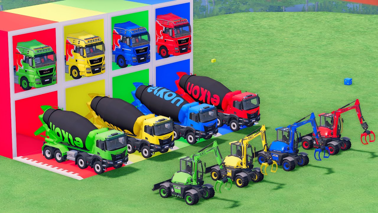 Trucks With Colors - MIXER TRUCK and EXCAVATOR with FLATBED TRAILER TRUCK, MAN, IVECO, JCB - FS22
