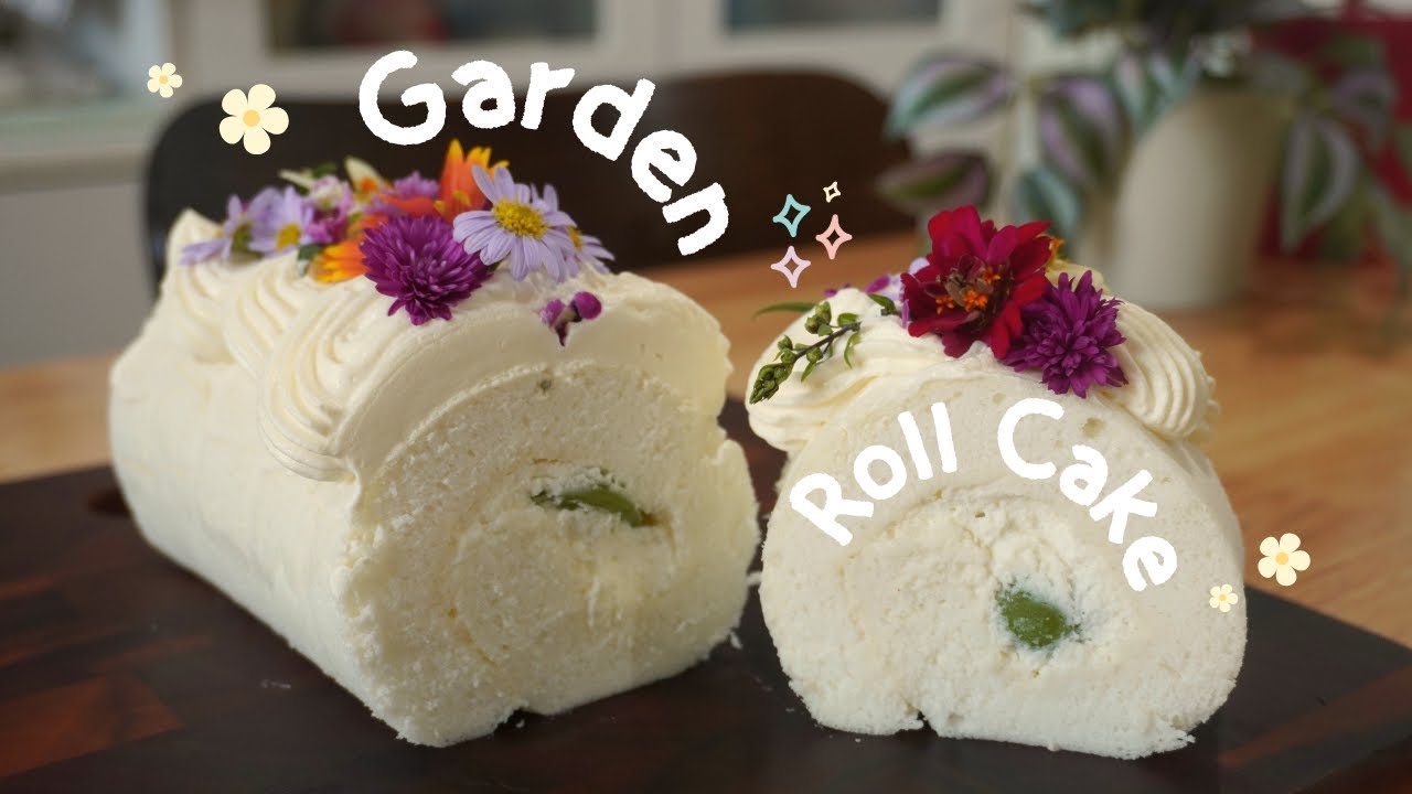 Garden Roll Cake 🌸🪻☘️💛✨/ความสำเร็จในการโรลเค้กครั้งแรก/Recipe