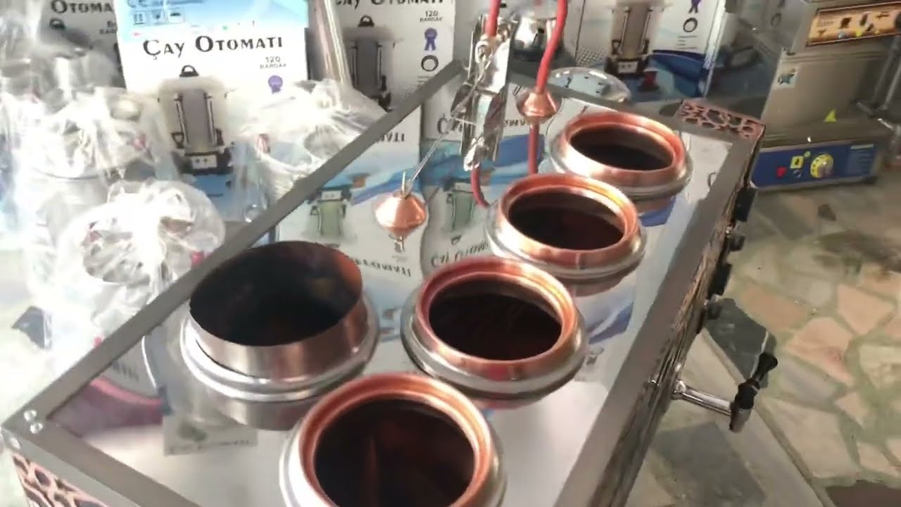 Odun Ateşinde Çay Kazanı Bakır Dört Demlikli Odunlu Çay Ocağı