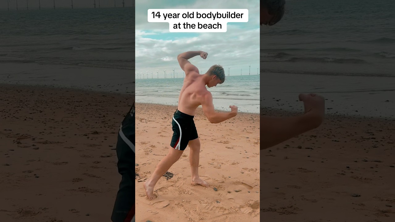 14 year old bodybuilder at the beach #bodybuilder #bodybuilding #posing #beach
