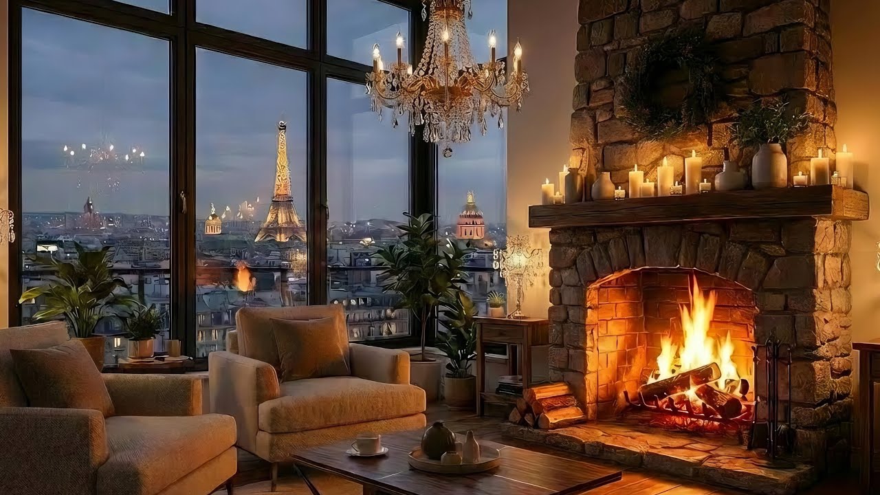 1 Hour Cozy Paris Fireplace Ambience 🔥 | Relaxing Night View for Sleep & Study (No Music)