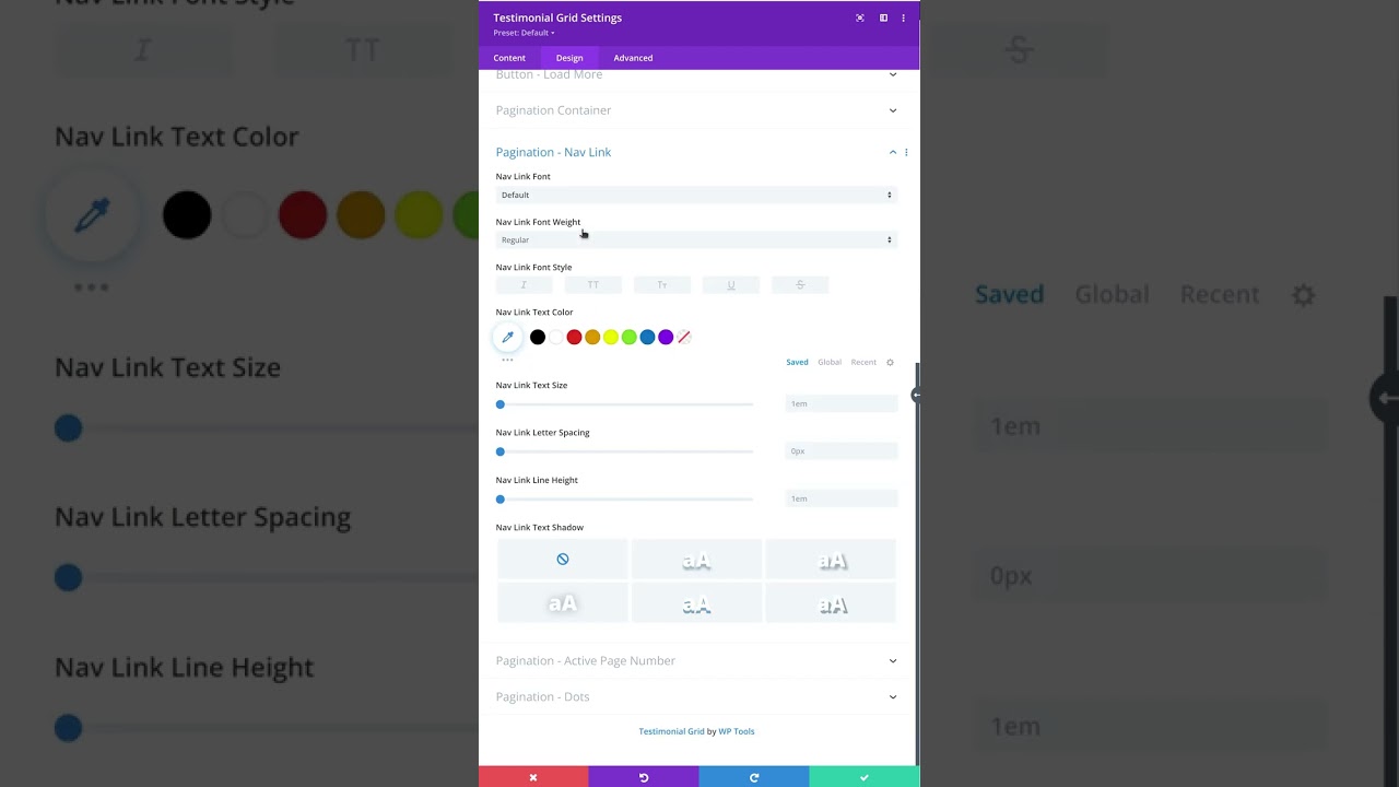 Pagination Nav Link Settings (Design Tab) - Divi Testimonial Grid