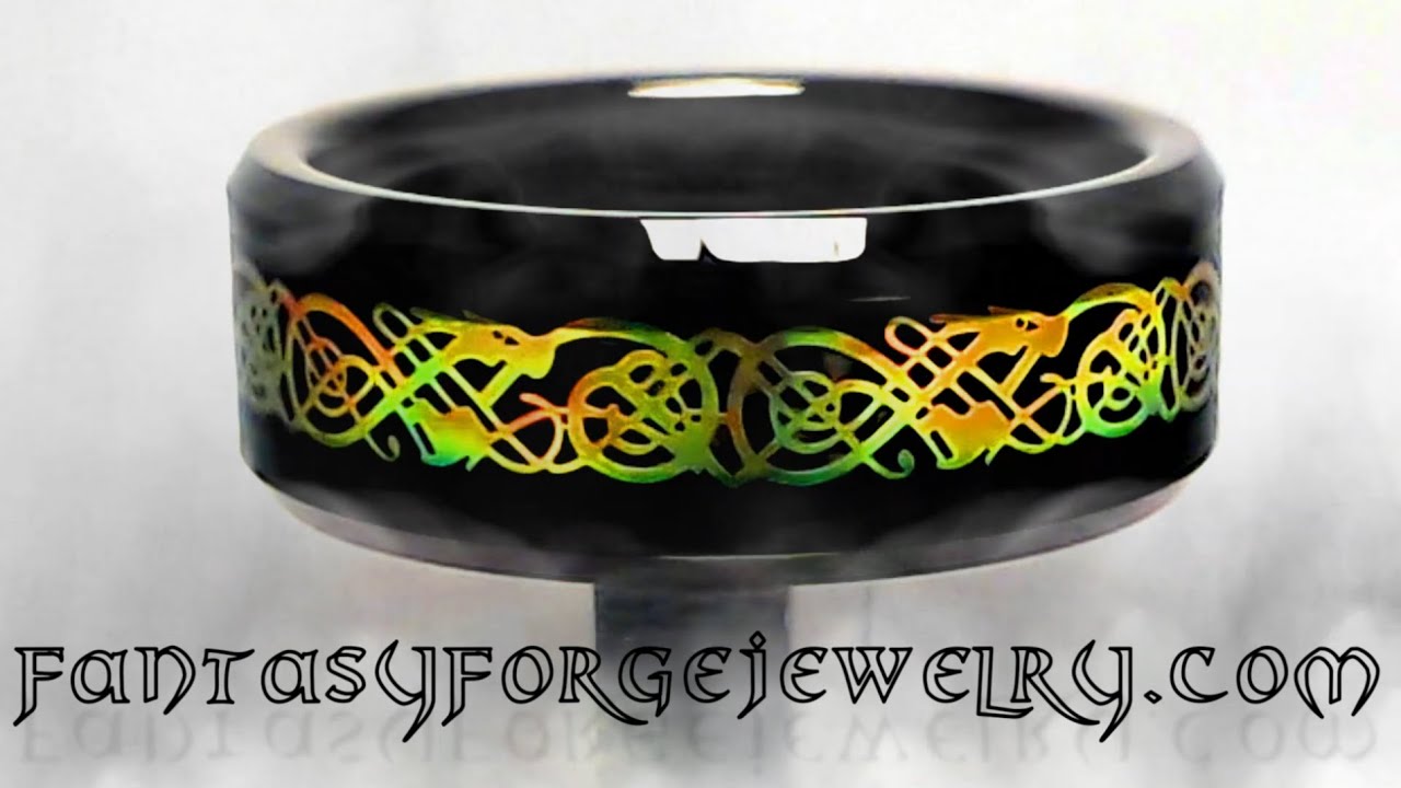 Rainbow Celtic Dragon Tungsten Ring Black Wedding Bands at FantasyForgeJewelry.com