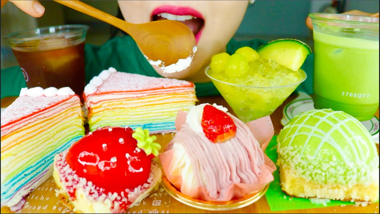 ASMR RAINBOW CREPE CAKE, MOUSSE CAKES, STRAWBERRY, HONEYDEW MELON, JELLY, MATCHA LATTE, YUZU COFFEE