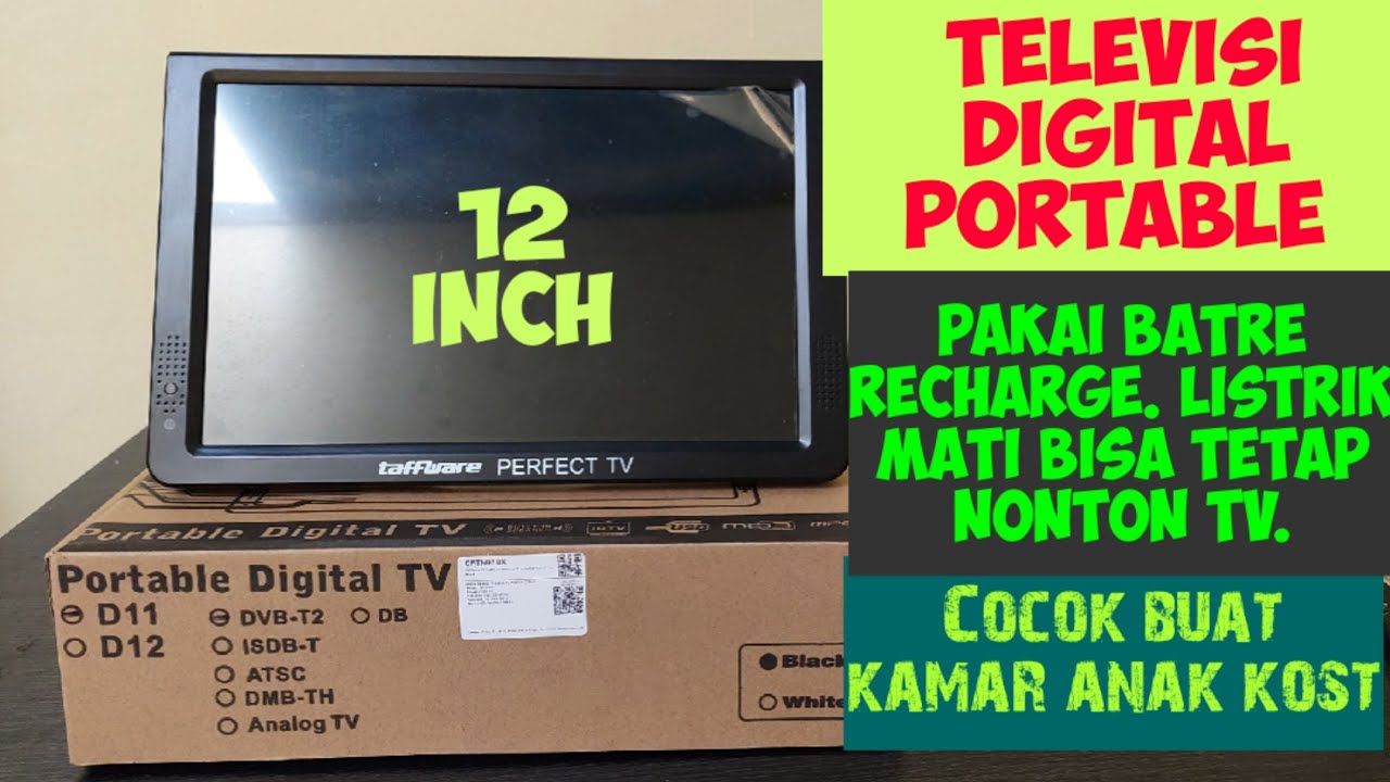 Televisi Digital Portable 12 inch. Cocok buat kamar kost. Pakai batre recharge. ringan dibawa-bawa.