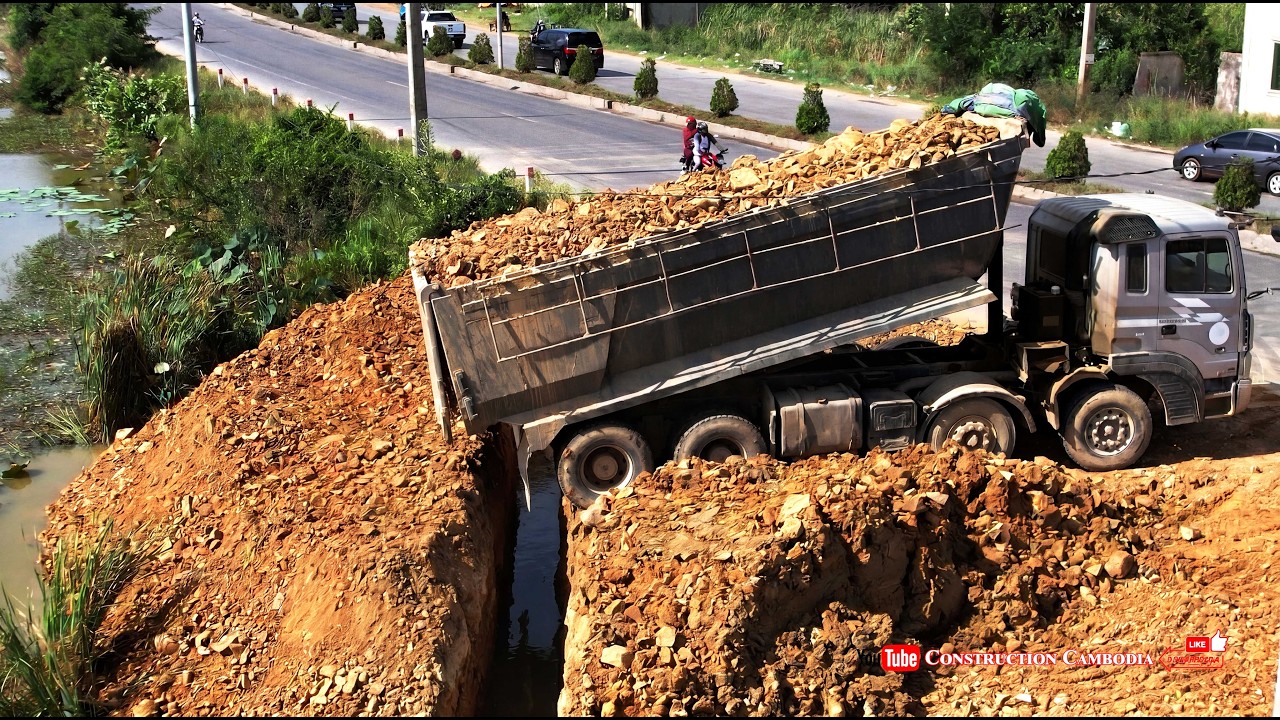 Massive Landfill Into Flood Land Construction! Skills Dozer Clearing Soil & Heavy Dump Truck Dumping
