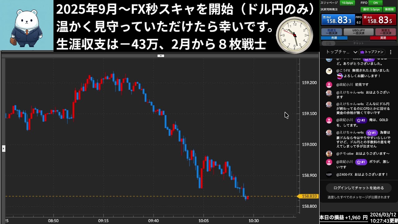 【FX 秒スキャルピング】リアルトレード配信｜3月12日木曜日｜東京時間