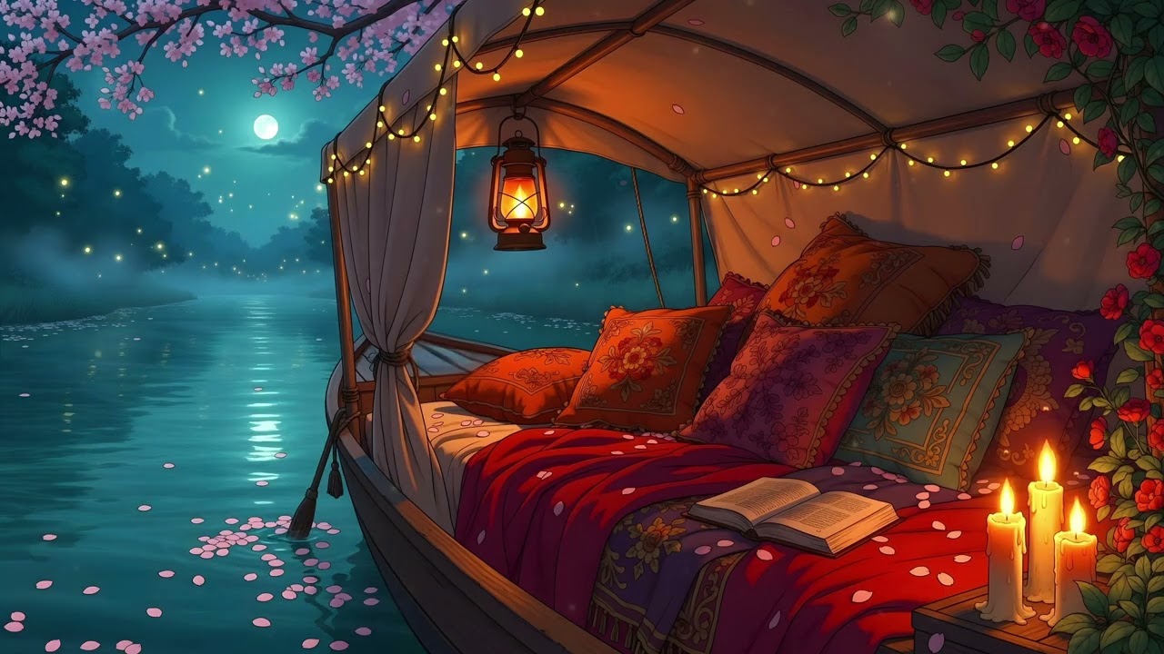 Peaceful Twilight under the Canal Boat Canopy 🌸 Cozy Fantasy Lofi to Read and Relax