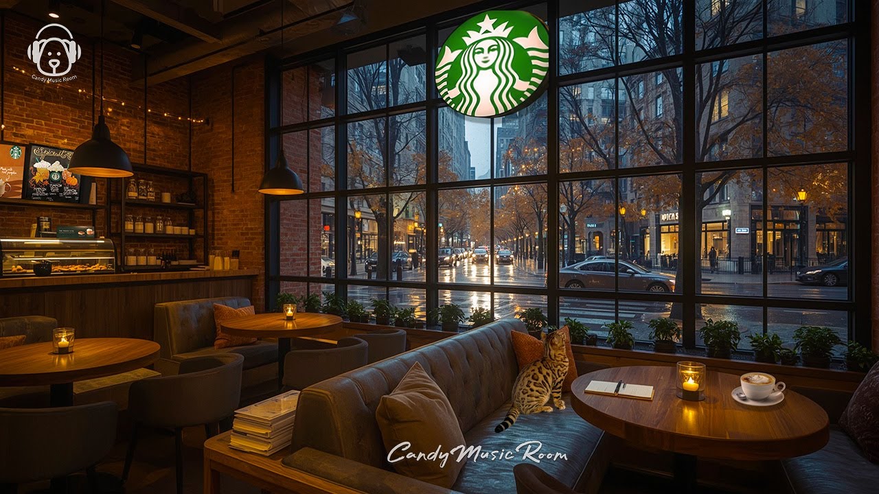 Starbucks Coffee Shop Ambience | Autumn Rain Night with Cafe ASMR, Relaxing Jazz & Rain Sounds
