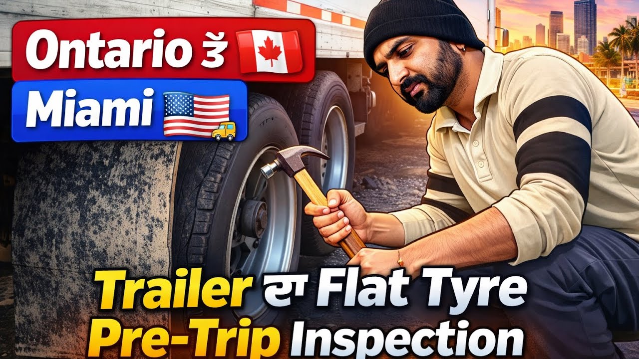 Ontario ਤੋਂ Miami ਟ੍ਰਿਪ 🚛| Pre-Trip Inspection ਦੌਰਾਨ Trailer ਦਾ Flat Tyre ਮਿਲਿਆ | Real Trucking Vlog