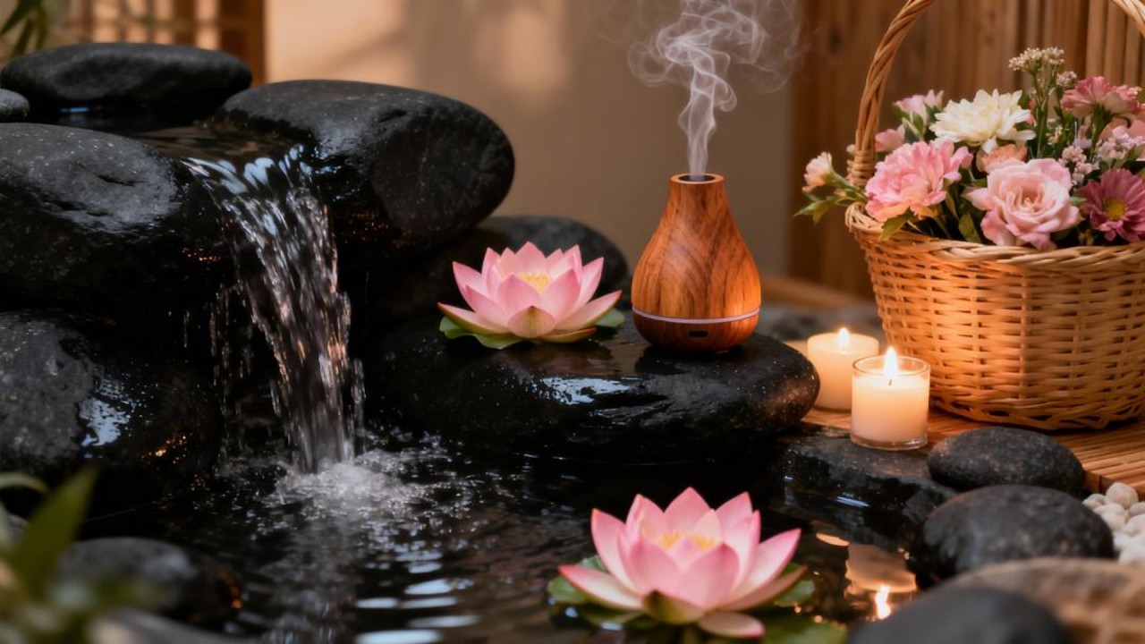 SPA RELAXATION MUSIC WITH FLOWING WATER AND GENTLE PIANO
