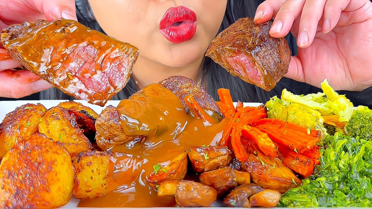 ASMR Roast Dinner with Steak, Crispy Potatoes and Cheesy Broccoli | Eating Sounds | Mukbang